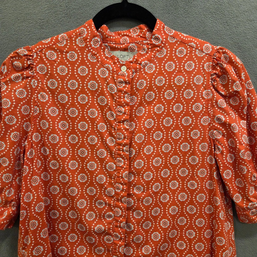 LOFT Geometric Floral Blouse Top Womens XS Puff Sleeve Casual Office Mod - Picture 2 of 12